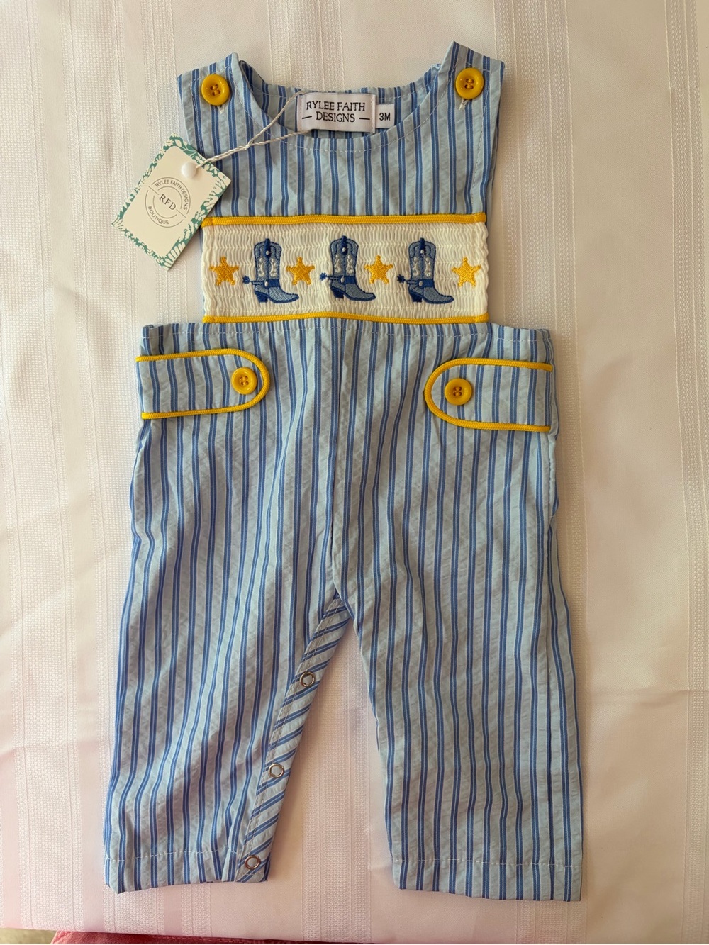 NWT Rylee Faith Smocked Cowboy Boot Longall Overall Romper 3m